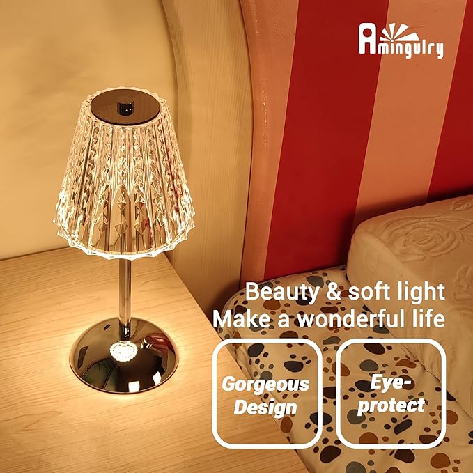 Cordless Table Lamp, 4000mAh Rechargeable Battery Operated Lamp, 3 Color Modes & Stepless Dimmable LED Touch Lamp, Portable Crystal Metal Beside Lamps for Bedroom Restaurant(Silver Chrome)