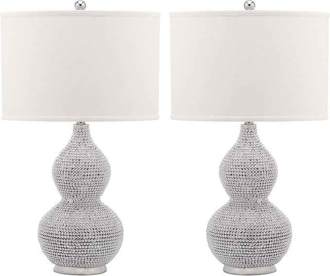 Safavieh Lighting Collection Nicole Bead Base Silver and White Table Lamp, Set of 2