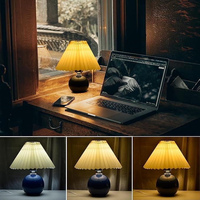 Korean Pleated Table Lamp Ins DIY Ceramic Table Lamps for Living Room Home Deco Cute Lamp with Tricolor Led Bulb Beside Lamp…