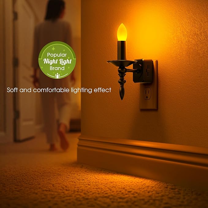 Briignite Candle Night Lights Plug into Wall, Amber LED Night Light with Dusk to Dawn Sensor, Night Lights Plug into Wall 0-100LM Dimmable Plug in Night Light for Hallway Bathroom Bedroom 2 Pack