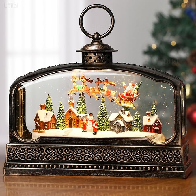 Christmas Snow Globes Village Snow Globe Lantern, Lighted Christmas Decorations Indoor for Home with Music Timer Glitter, Santa Claus Scene Musical Festival Gifts, USB & Battery Operated