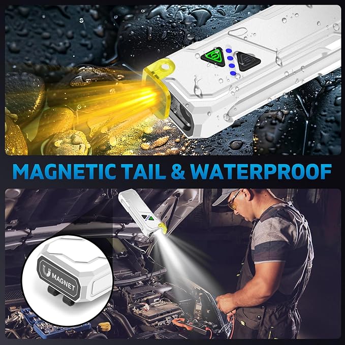 Multi-Feature EDC Flashlight Rechargeable with 7-Colors Side Light Magntic Bace Yellow Light Diffuser and UV Light for Travel Work Camp Dog Walk
