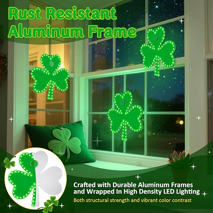 3 Pack 10" St Patricks Day Classics Twinkling LED Shamrock, Hi-Vibrant Aluminum Frame Green Irish Clover Window Silhouette LED Lights, Holiday Waterproof Indoor Outdoor Decoration