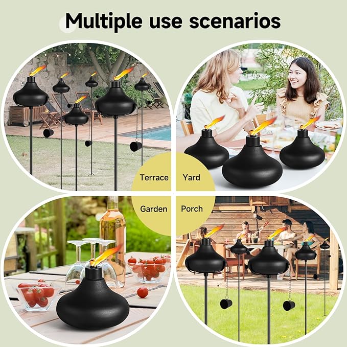 24.5 Oz Home Garden Torch Set of 6, Outdoor Metal Torch Garden Décor,55-Inch Upgraded Citronella Torches with 3-Prong Grounded Stake, Metal Light Torches for Party Patio Pathway
