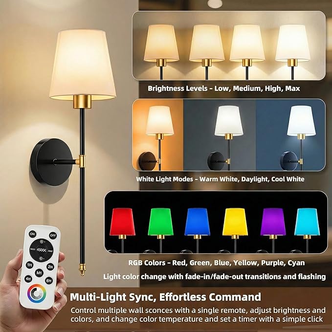 Wall Sconces Battery Operated Set of 2, Rechargeable Wall Sconce, 10 Colors Wireless Wall Sconces Set of Two, 5200mAh Dimmable Bulbs and Remote, for Bedroom Living Room, Hallway (Gold-Black - 24 inch)