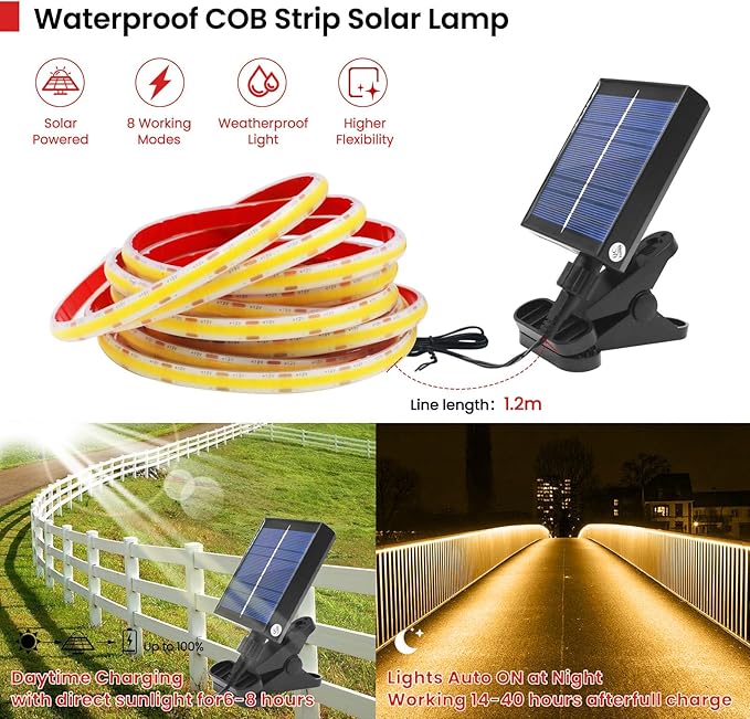 KISUFU 12V COB LED Strip Light with Solar Panel, 320LEDs/m IP68 Waterproof Flexible Dimmable Led Lights with Solar USB Controller Clips for Outdoor Garden, Garage, Eaves, Decoration.