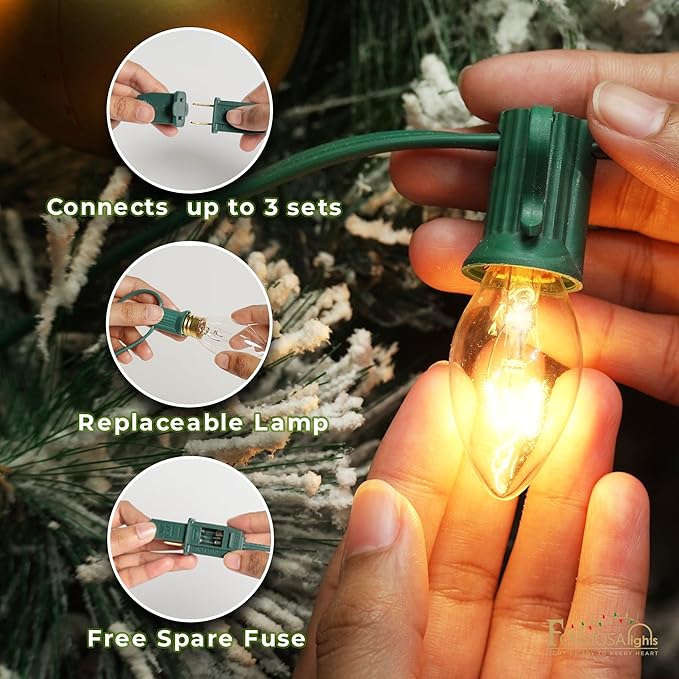 C9 26ft Indoor/Outdoor Clear Incandescent Christmas String Lights with 25 Bulbs and E17 Base | 120V, 7W