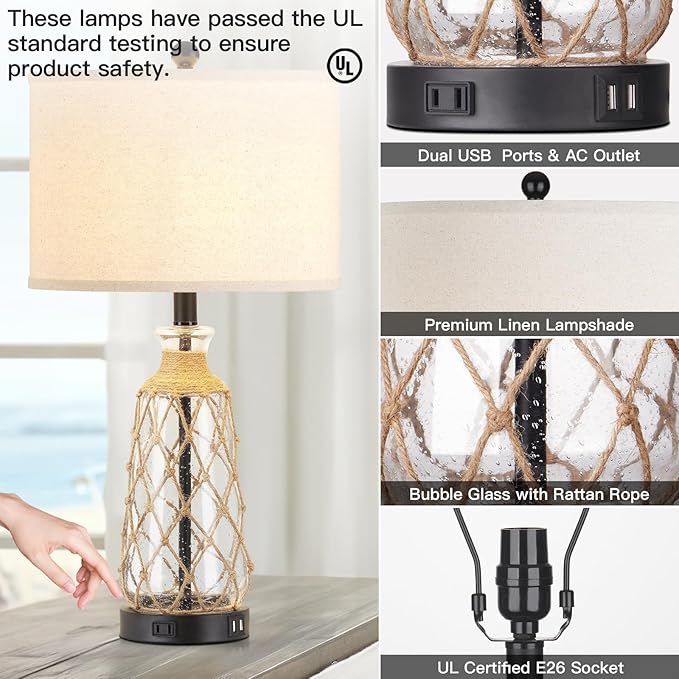 25.5" Coastal Glass Table Lamps Set of 2, 3-Way Dimmable Touch Control Bedside Lamps with 2 USB Ports and AC Outlet, Clear Nautical Nightstand Lamp for Bedroom Living Room (LED Bulbs Included)