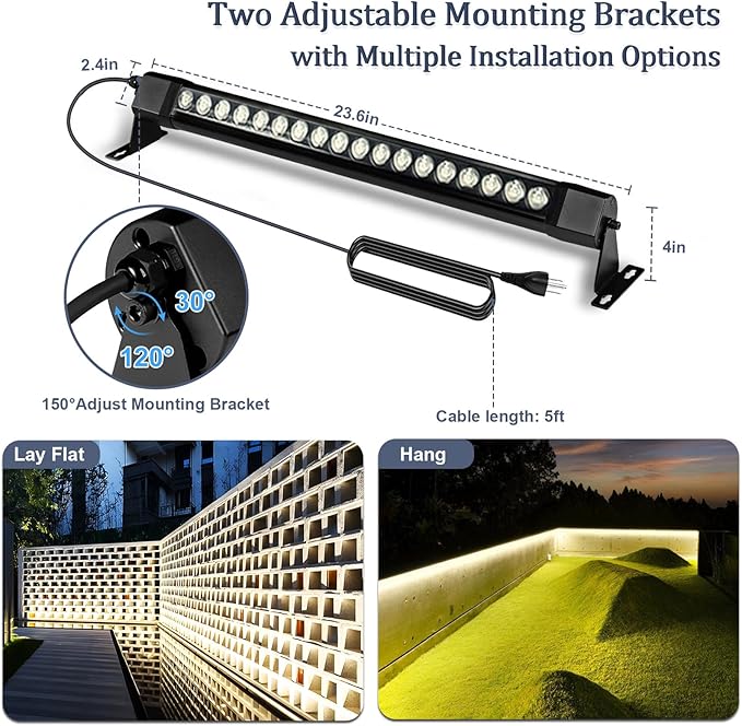 2 pcs Waterproof IP67 Wall Washer Light - 36W Upgraded LED Light Bar, 2ft Natural White (4000K), for Building Walls, Yard, Church, Batting Cage, Plug-in Outdoor Lighting