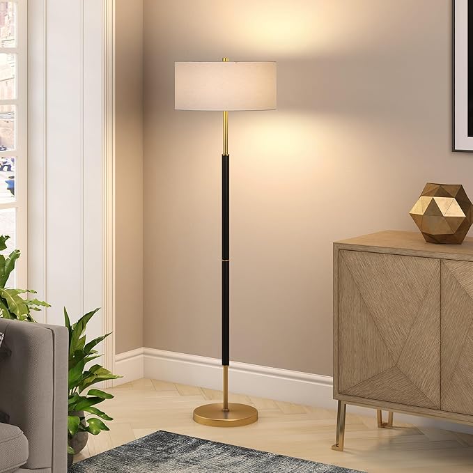 Henn&Hart 2-Light Floor Lamp with Fabric Shade in Matte Black/Brass/White, Floor Lamp for Home Office, Bedroom, Living Room, 61" Tall