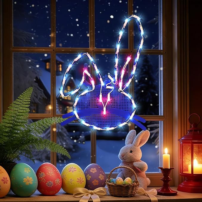 17" 40LED Lighted Blue Bunny Easter Decor, Gentle Warm Glow for Mantel, 120V Plug-in, UL Certified, Delicate Gift Box Packed