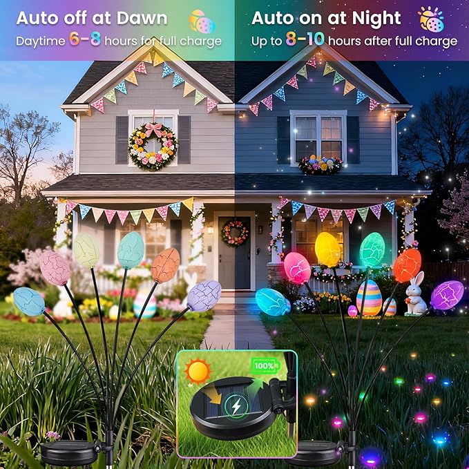 OZS 4 Pack Solar Easter Egg Lights, Colorful Garden Swaying Firefly Lights Outdoor, 24 Led Waterproof Solar Stake Lights for Lawn Trails, landscaped Yards, Porches and Patio Easter Decorations