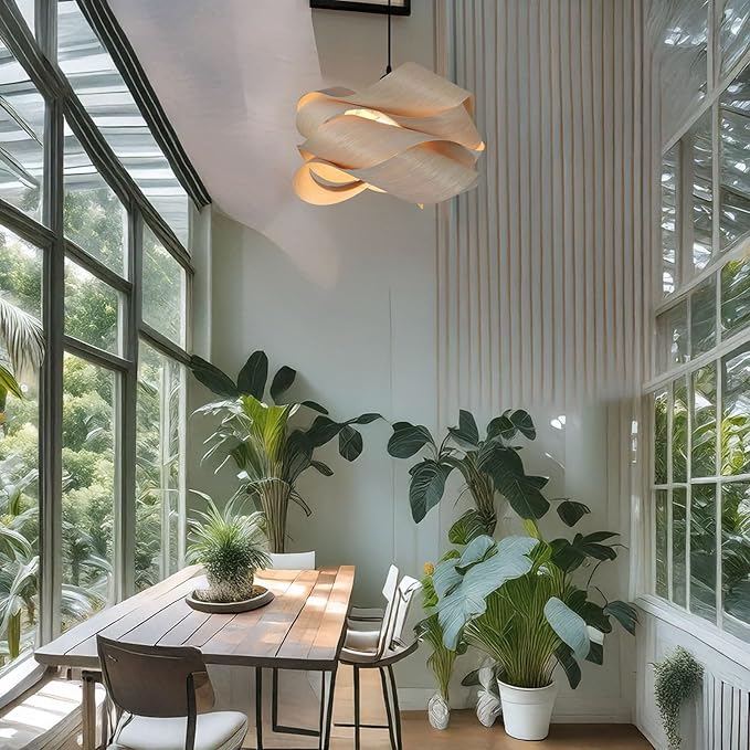 Modern Pendant Light, Nordic Organic Pendant Light, Woven Wood Wave Shade Hanging Lamp, Natural Tone Ceiling Lighting Fixture, for Living Room, Dining Room, Bedroom, Hallway Decor.(Dark Color)