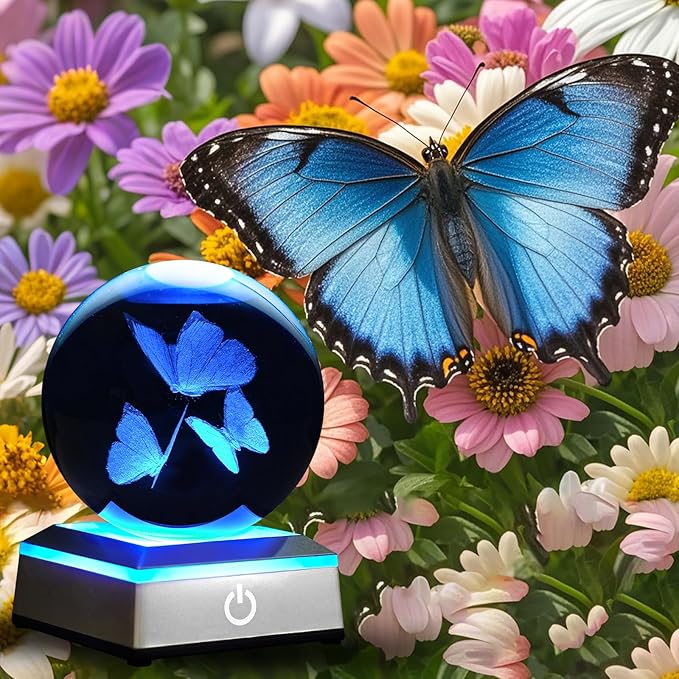 3D Crystal Ball Night Light with LED Colorful Touch Base - Butterfly Gifts for Women, Kids & Teens - 3.15' Glass Sphere Lamp - Home Decor