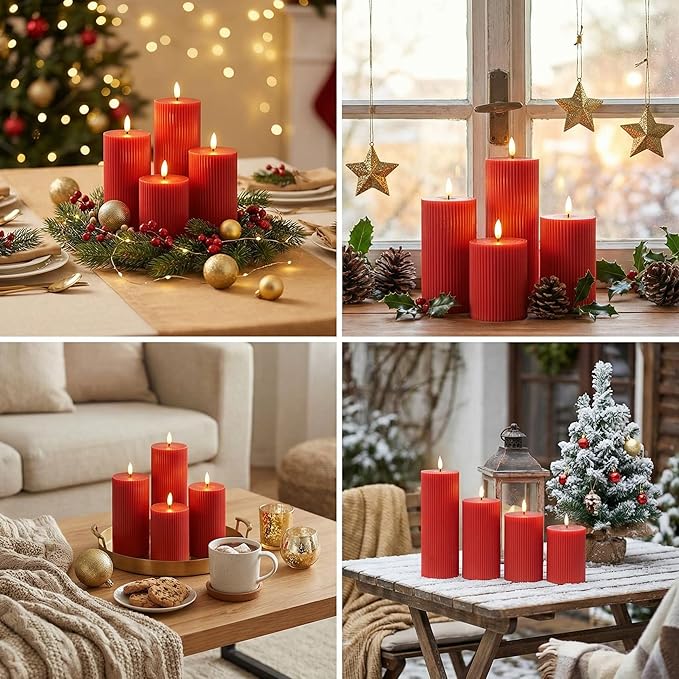 Red Ribbed Flameless Pillar Candles with Remote, Flat Top Flickering LED Wax Candles Battery Operated Set of 4