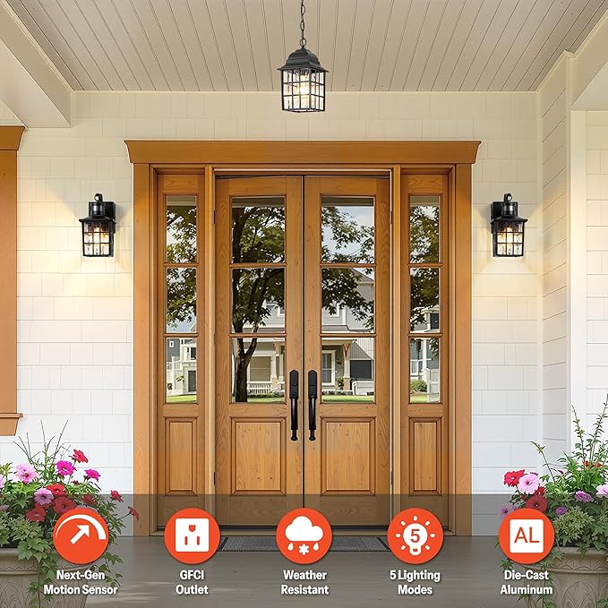 Gleamz Motion Sensor Outdoor Wall Lights with GFCI Outlet, Modern Black Exterior Lighting Fixtures Wall Mount Sconce for House Garage, Anti-Rust Dusk to Dawn Front Porch Light with Water-Ripple Glass
