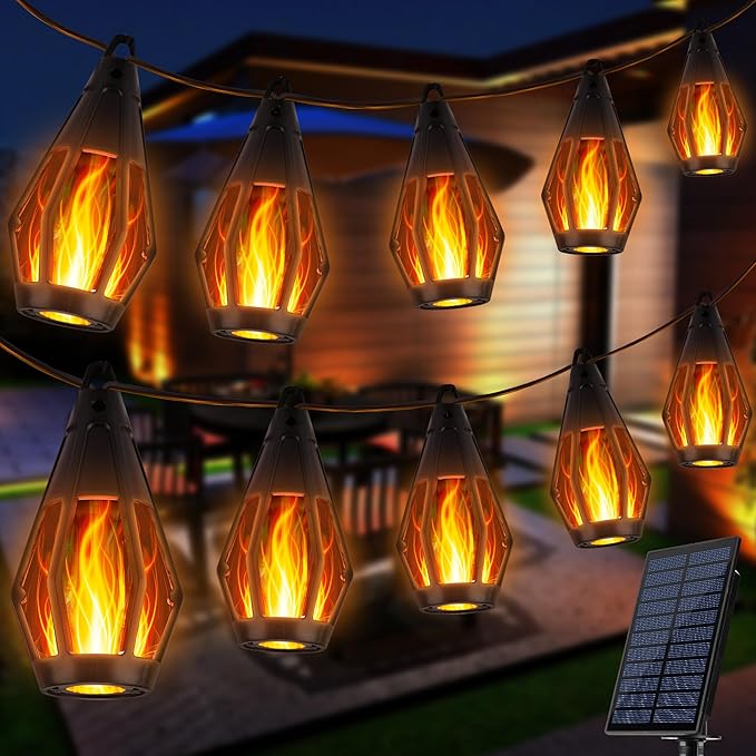 iBaycon Solar Flame Lights, 27Ft 10 LED Bulbs Flickering Flame String Light, Outdoor Waterproof Solar Flame Lights for Garden Yard Lawn Patio Decorations (Warm White)