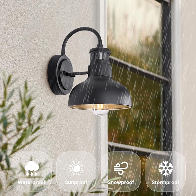 7in Motion Sensor Outdoor Barn Wall Lights Dusk to Dawn Exterior Gooseneck Lighting Wall Mount Small Dome Gooseneck Porch Wall Sconce Black Farmhosue External Garage Barn Lights