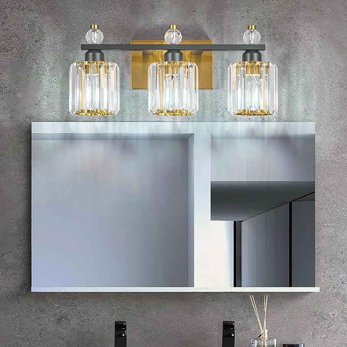 Bathroom Vanity Lights 3-Light Sand Black Gold Modern Crystal Vanity Light Fixtures Over Mirror Crystal Bathroom Vanity Lighting Fixtures