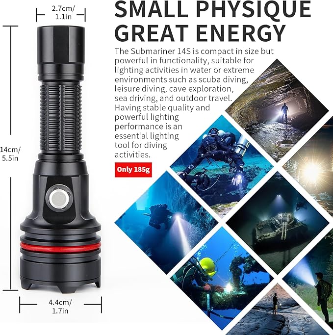 14S 2000 Lumens Underwater Flashlight with Hook and Loop Straps - 6 Modes Super Bright Diving Torch, USB-C Rechargeable, IP68 328FT for Dive Light Scuba Diving, Night Diving & Snorkeling