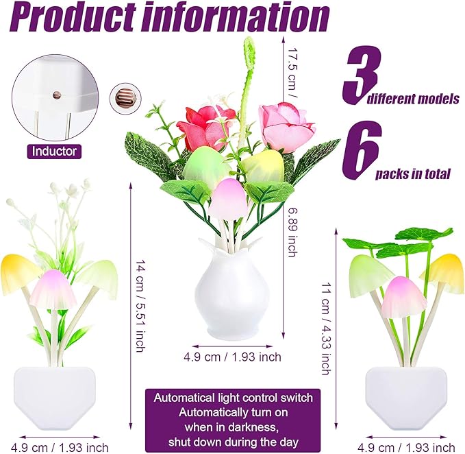Mudder 6 Pack Mushroom Night Light LED Night Light Plug in Lamp 7 Color Changing Magic Cute Shaped Lamp Wall Decor for Adults Bathroom Home(Lotus Leaves, Rose)