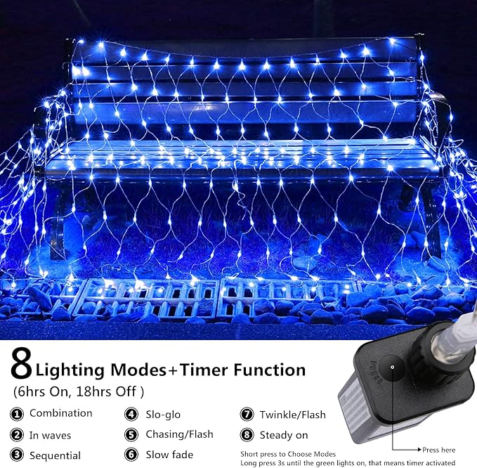 11.5ft x 5ft Christmas Net Lights Outdoor, 360 LED Net Lights with 8 Modes, Connectable, Timer, Waterproof Low Voltage Bush Mesh Fairy String Light for Yard Bush Christmas Indoor Decorations (Blue)
