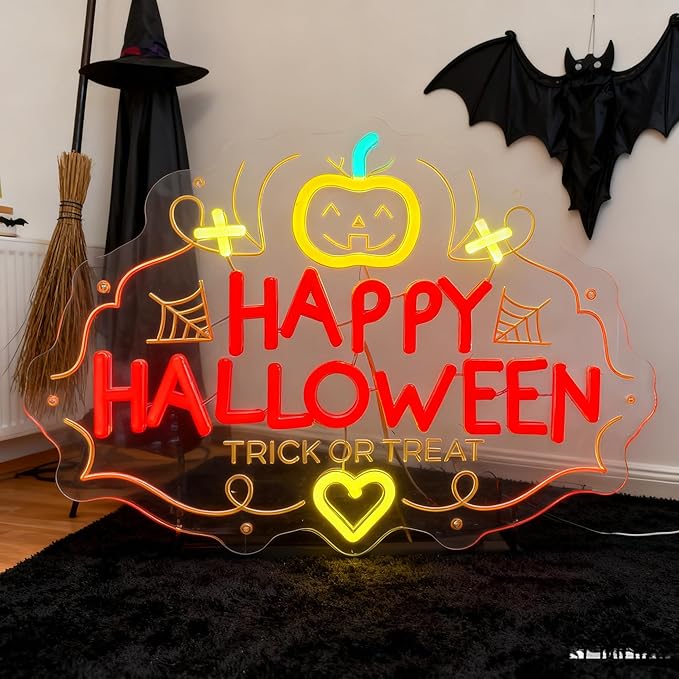 Halloween Neon Sign, Pumpkin Shape with 'HAPPY HALLOWEEN' Lettering, LED Party Decoration for Indoor Home/Bar/Haunted House
