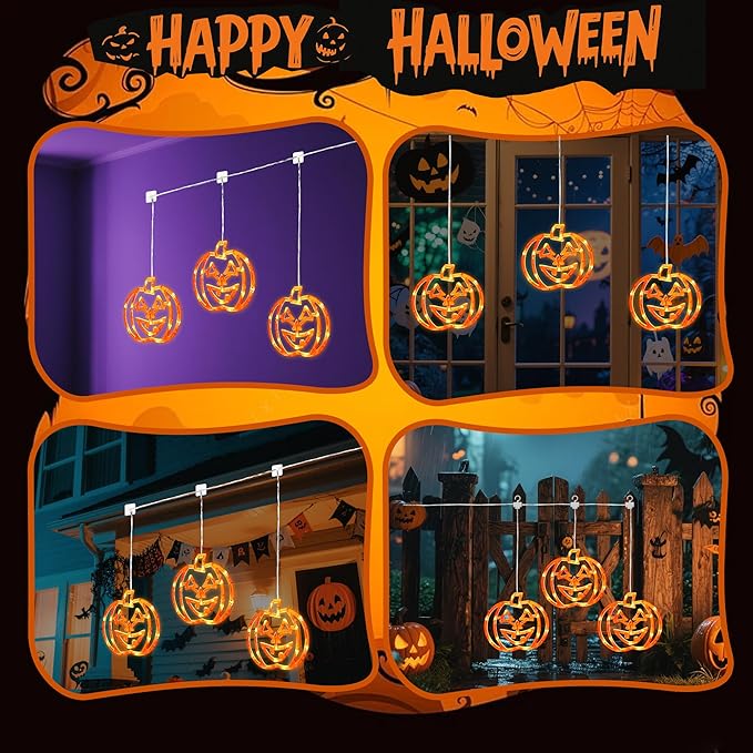 woohaha Halloween Window Lights,48LED 3 Pumpkin Curtain String Lights USB/Battery Operated,Hanging Light for Indoor Outdoor Bedroom,Room,Wall,Party,Holiday Decorations(Orange)