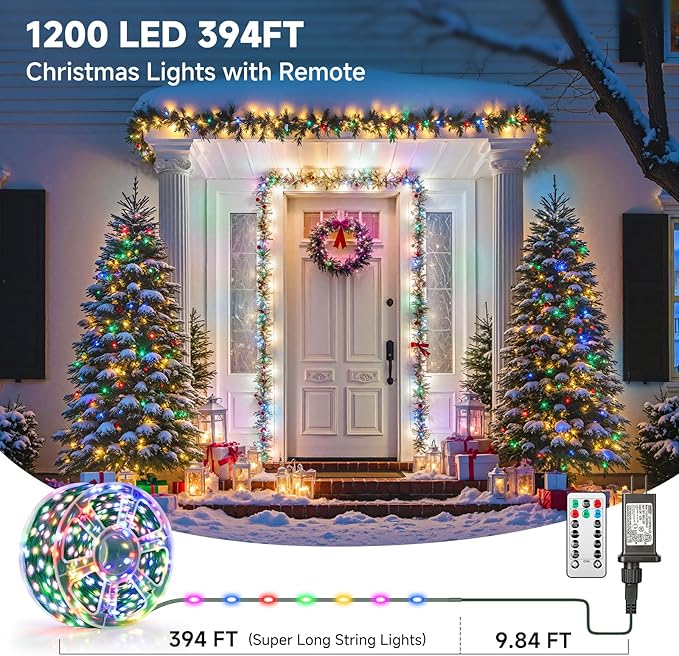 Mlambert 1200 LED Christmas Lights 394FT, Outdoor Waterproof Dimmable Fairy Lights with Remote, 8 Modes Indoor Lighting for Holiday Décor, Multicolor