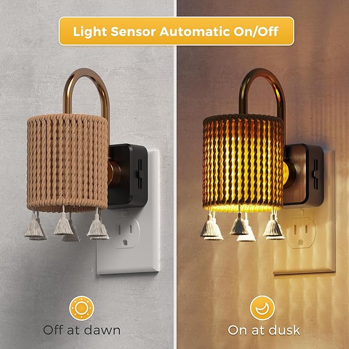 L LOHAS LED Night Lights Plug into Wall, 2 Pack Boho Fabric Cylinder Night Light with Tassel, Dusk to Dawn Sensor, 0-100LM Dimmable Night Lights, Vintage Nightlight for Bedroom, Living Room, Hallway