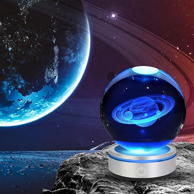 3D Saturn Crystal Ball Night Light with LED Colorful Lighting Touch Base 3.15 In Saturn Planet Glass Sphere Lamp for Birthday Christmas, Astronomy Space Universe Home Decor Gifts for Women Men Kids