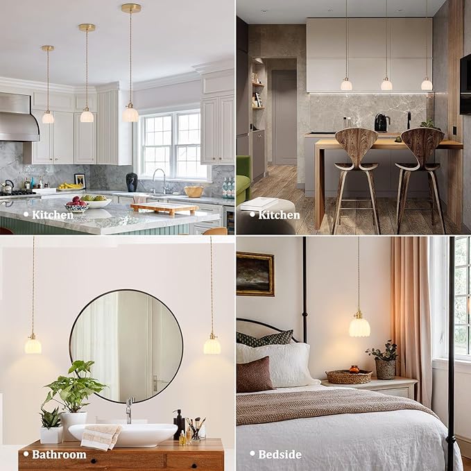 Mini Pendant Light with White Tulip Glass Lmapshade, Brass Vintage Pendant Light Adjustable Hanging Light for Kitchen Island Dining Room Hallway