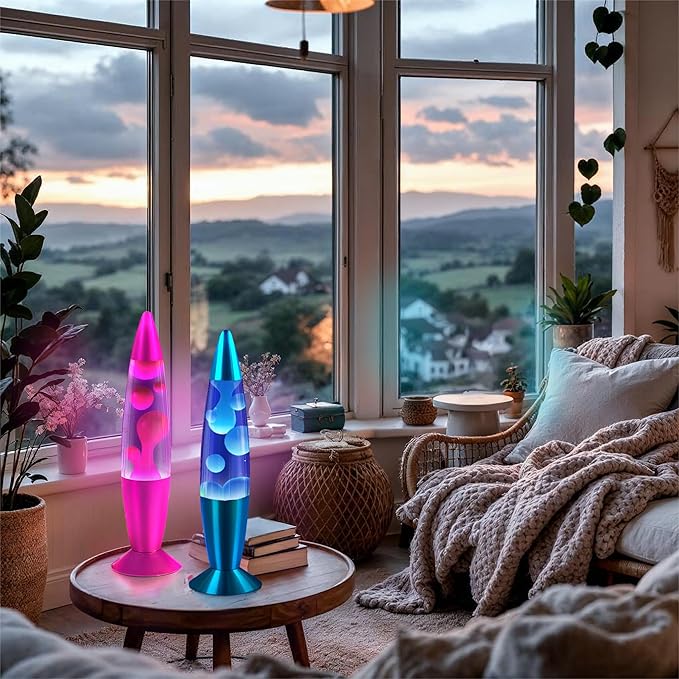 JAMBO 2 Pack- 16" Beautiful Lamp- Blue with Blue/White Wax and Purple with Pink Wax, Relaxing Liquid Lamp, Night Light Nightlight, Lamps for Adults Teens Kid