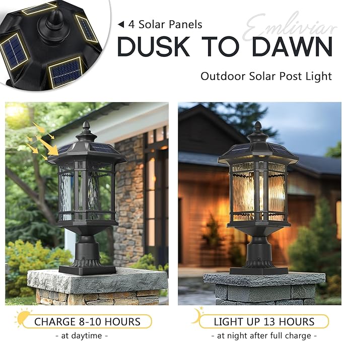 Emliviar 20.5" Solar Post Light Outdoor, Large Black Solar Column Light Head with Remote Control, LED Exterior Fence Lamp with Water Grain Glass, 22021MP-SL BK