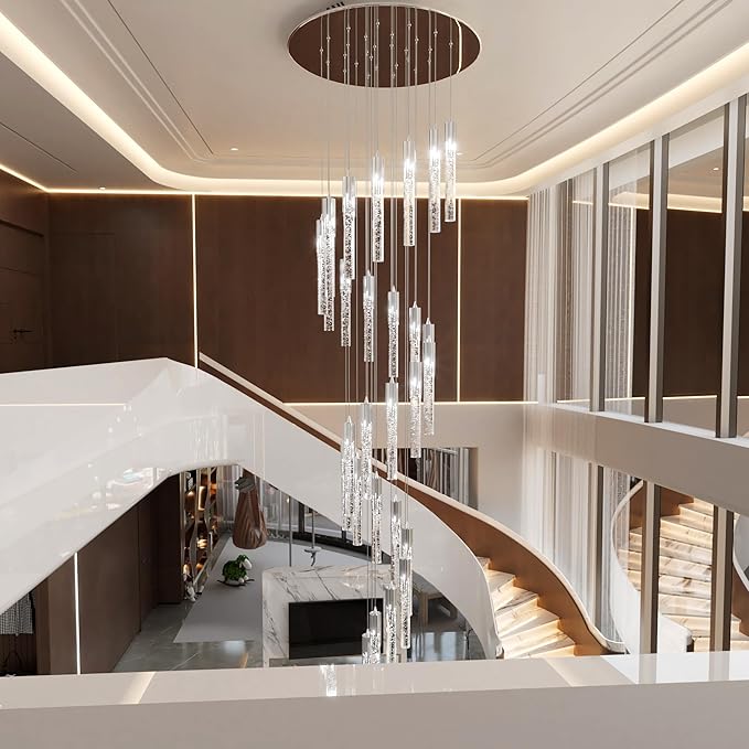 Flashing God High Ceiling Chandeliers Long Spiral Chandeliers for Entryway H144inch Modern Crystal Chandelier for Staircase Foyer Living Room Sloped Ceilings Light Fixture