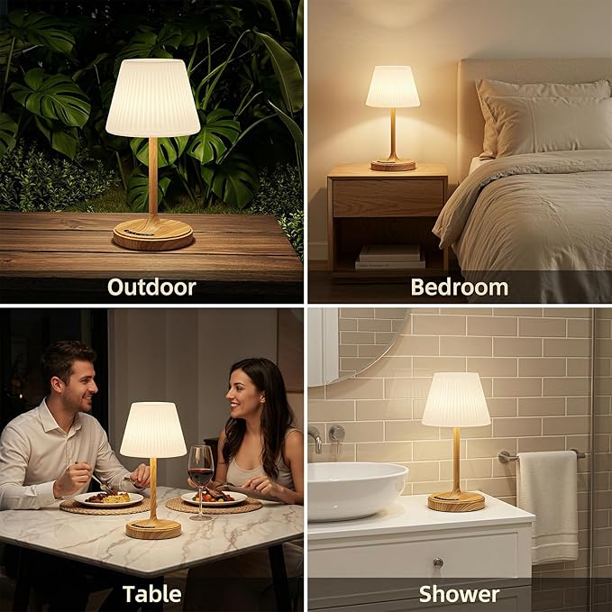 Cordless Table Lamp, Waterproof Shower Lamp, 4000mAh Rechargeable Table Lamps, 3-Color Dimmable Touch Light, Battery Operated Lamp Small Night Desk Lamp for Bathroom Kitchen Bedroom Patio (Wood Grain)