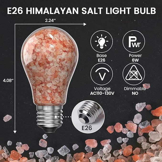 6W E26 Himalayan Salt Light Bulb, E26 LED Warm Amber 2200K Mood Lighting Night Light, Non Dimmable, E26 Stress Relief Light Bulb, Edison Screw Bulb for Home Decor, Bedroom Decor