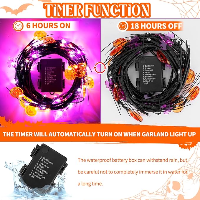 RJZZ 6FT 54LED Halloween Garland with Lights Orange and Purple Halloween Lights with Timer 8 Modes Waterproof Indoor Battery Operated Garland for Mantle, Wall, Fireplace