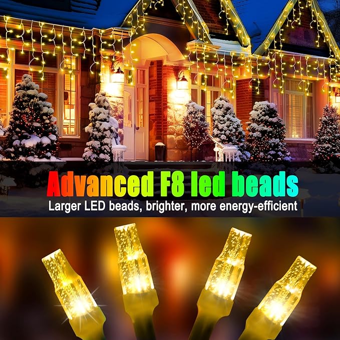 Christmas Lights Outdoor, 98FT 900LED Ice Lights for Outside, Ice String Lights with 8 Modes, Waterproof Timer Memory Hanging Light for Eaves Party Yard Garden(Warm White)