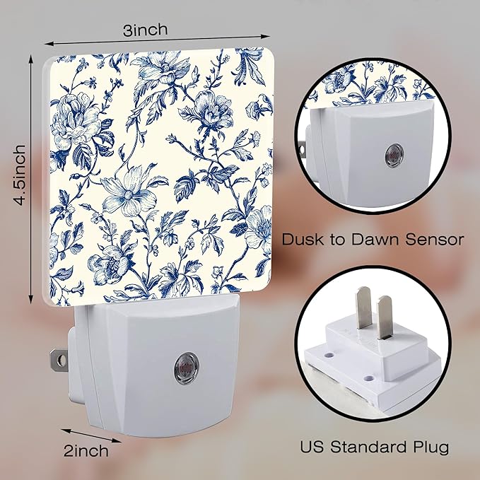 Vintage Blue Flowers Night Light, Abstract Botanical Floral Leaves Dusk to Dawn Night Light Plug in, 0.5w Energy Saving Sleep Friendly NightLight for Kids Boys Girls Home Decor