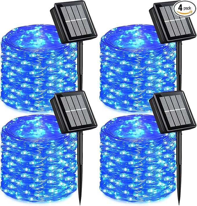 QITONG Blue Solar Christmas Lights, 4 Pack Each 33ft 100 LED Fairy Lights Outdoor Waterproof, 8 Modes Silver Wire Twinkle Mini Lights