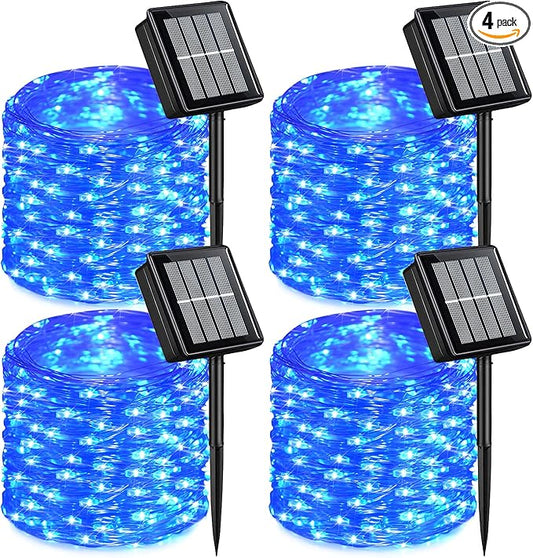 QITONG Blue Solar Christmas Lights, 4 Pack Each 33ft 100 LED Fairy Lights Outdoor Waterproof, 8 Modes Silver Wire Twinkle Mini Lights