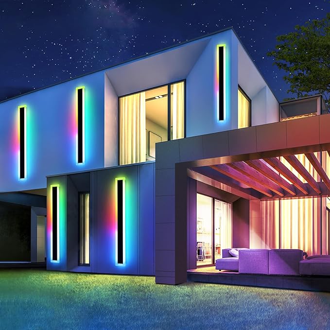 Mikeru Upgraded Widened RGB Long LED Wall Lights, 2Pack 31.4inch Outdoor Sconces RGB/Warm/White Dimmable Outdoor Wall Lights Exterior Front Porch Light Ip65 Waterproof Wall Sconce with Remote Control