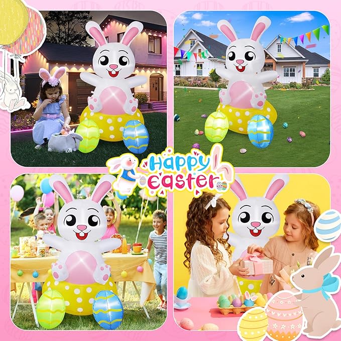 B&D 4FT Easter Inflatables Outdoor Decorations, Blow Up Inflatable Bunny Sits on Colorful Eggs Built-in LED Lights Happy Easter Yard Decorations for Holiday Party Indoor Outdoor Garden Lawn Decor