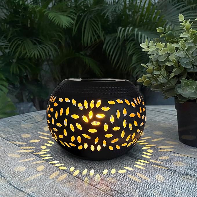 Mothers Day Gifts Solar Table Light Outdoor Waterproof- Solar Powered LED Lantern Hollowed-Out Black Metal Desktop Decorative Lamp for Indoor Desk Bedroom Patio Garden Pathway Yard