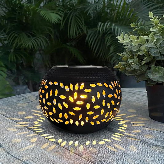 Mothers Day Gifts Solar Table Light Outdoor Waterproof- Solar Powered LED Lantern Hollowed-Out Black Metal Desktop Decorative Lamp for Indoor Desk Bedroom Patio Garden Pathway Yard