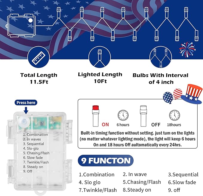 Red White Blue 4th of July Decoration Light - 30 LED 11.5Ft Patriotic Battery String Lights with 8 Modes, Timer, Waterproof - Independence Day Lighting for Outdoor House Holiday Memorial Day Decor