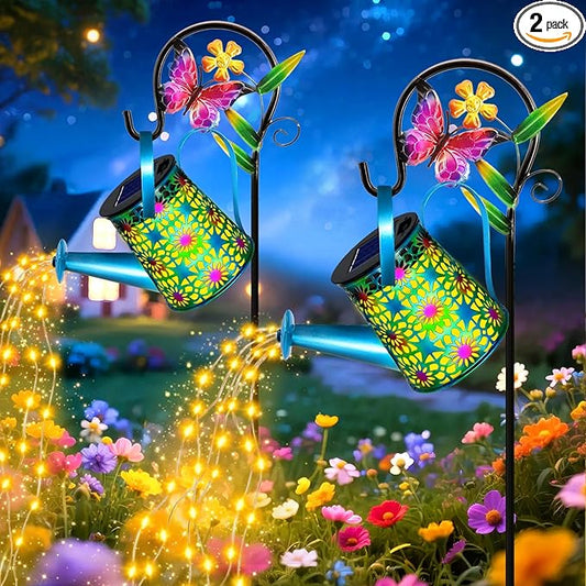 2 Pack Solar Lights Outdoor Decorative, Blue Metal Solar Watering Can Lights Waterproof, Gifts for Women Mom Grandma Birthday, Hanging Lanterns Decoration Garden Decor for Outside Yard Patio Lawn