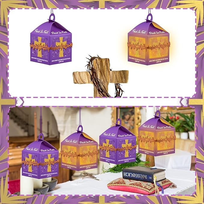 12 Sets Religious Easter Crafts Bulk Christian Cross Lanterns Crafts with LED Lights Glitter Cross Tissue Paper Lanterns for Easter Church VBS Sunday School Classroom Activities