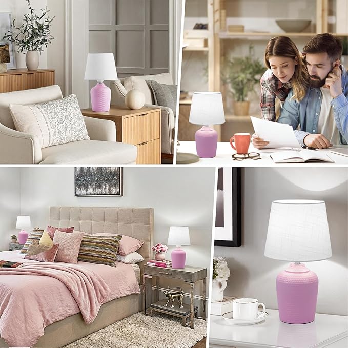 Sucolite Small 11.8'' Table Lamps Set of 2, Bedside Nightstand Lamps for Bedroom Kid’s Room, Cute Desk Lamps with Studded Texture Base for Reading Nursery Living Room Office, Pink